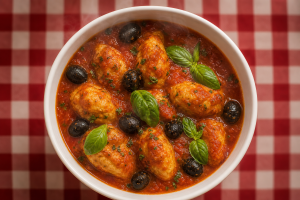 Quenelles moelleuses dans une sauce tomate aux olives noires, plat en céramique blanche, basilic frais.