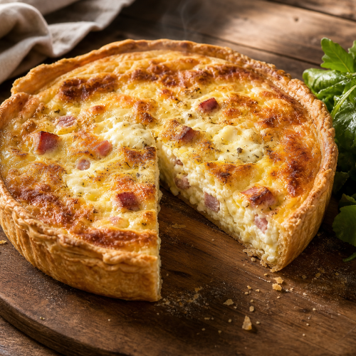 Quiche jambon boursin dorée et fumante, posée sur une table en bois, accompagnée d'une salade verte.