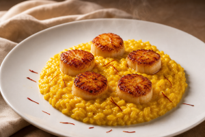 Assiette de risotto safrané aux Saint-Jacques, plat crémeux avec noix dorées et pistils de safran