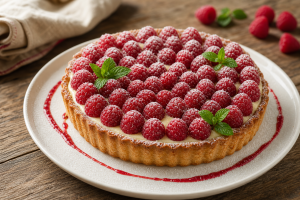 Tarte légère aux framboises sur une assiette blanche, avec une crème onctueuse et des framboises fraîches
