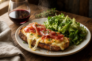 Tartine chaude au fromage fondu et jambon cru sur pain de campagne, servie avec salade verte, sur une table en bois