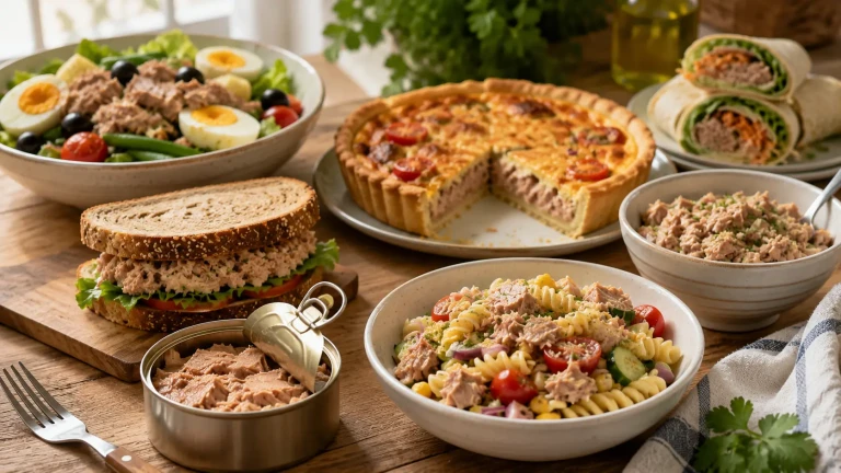 Thon en boîte pour des recettes familiales comme une quiche au thon, une salade de pates au thon, un sandwich au thon