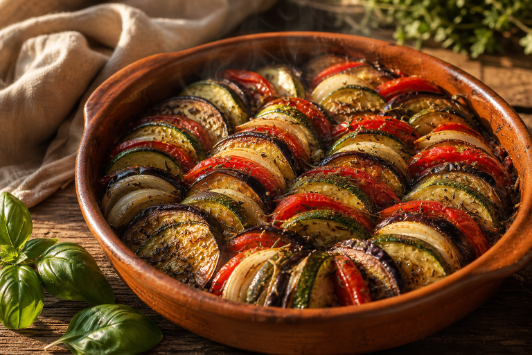 Tian aux légumes d'été : courgettes, tomates, aubergines et oignons cuits au four dans un plat à gratin, avec huile d'olive