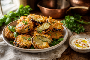 Assiette de beignets d'aubergines dorés et croustillants, garnis de persil frais, avec une sauce au yaourt