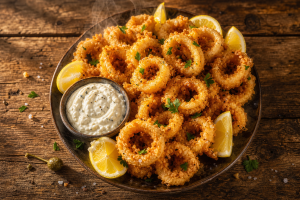 Assiette de beignets de calamar dorés et croustillants avec quartiers de citron et sauce tartare
