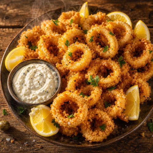 Assiette de beignets de calamar dorés et croustillants avec quartiers de citron et sauce tartare