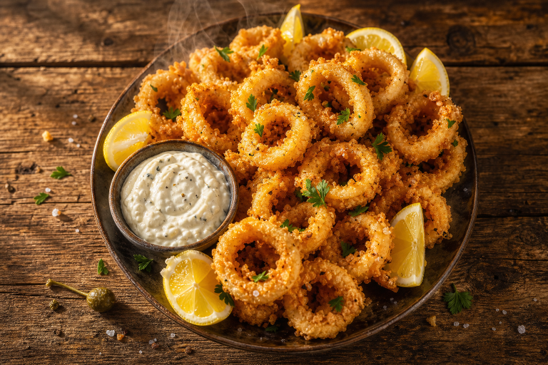Assiette de beignets de calamar dorés et croustillants avec quartiers de citron et sauce tartare