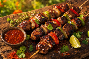Brochettes antillaises de porc grillées avec poivrons et oignons, présentées sur une planche en bois avec citron vert.