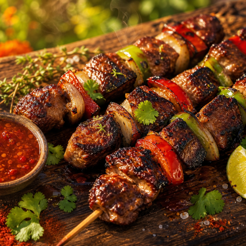 Brochettes antillaises de porc grillées avec poivrons et oignons, présentées sur une planche en bois avec citron vert.