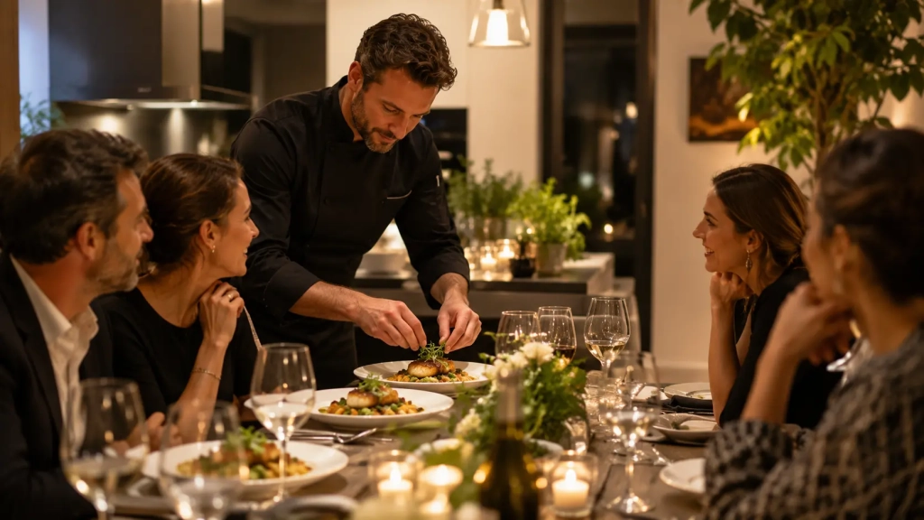 Chef à domicile pour un événement privé qui sert des invités avec des mets délicats concoctés sur place