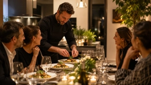Chef à domicile pour un événement privé qui sert des invités avec des mets délicats concoctés sur place