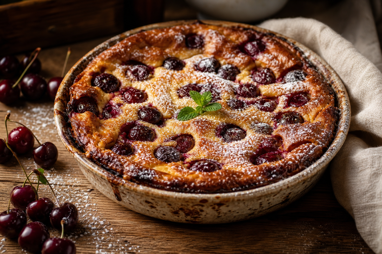 Clafoutis aux cerises doré dans un plat en céramique, avec des cerises fraîches sur une table en bois