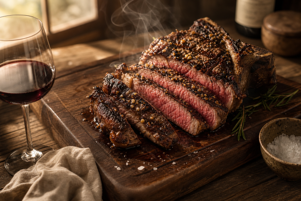 Côte de boeuf grillée tranchée, cuisson rosée, sur planche en bois avec romarin