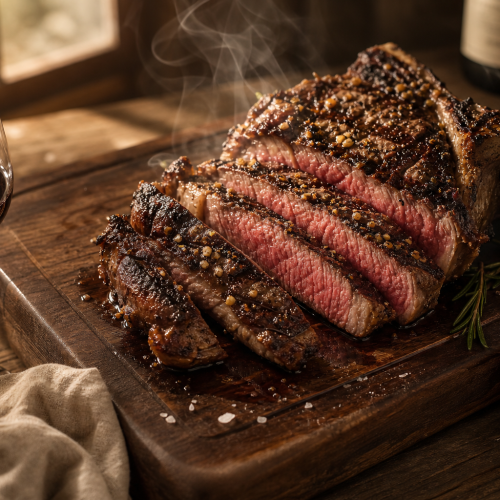 Côte de boeuf grillée tranchée, cuisson rosée, sur planche en bois avec romarin