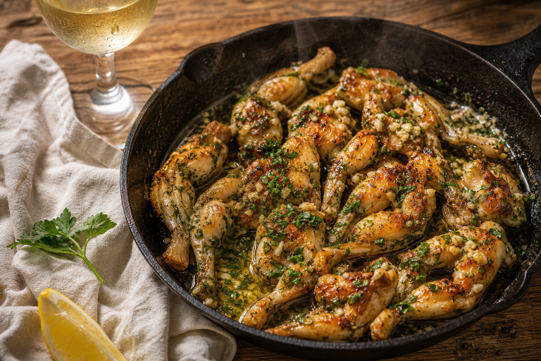 Cuisses de grenouilles dorées dans une poêle en fonte avec persillade d'ail et persil, prêtes à être servies