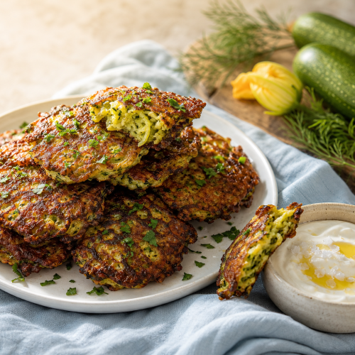 Galettes de courgettes dorées et croustillantes servies avec une sauce blanche et du persil frais