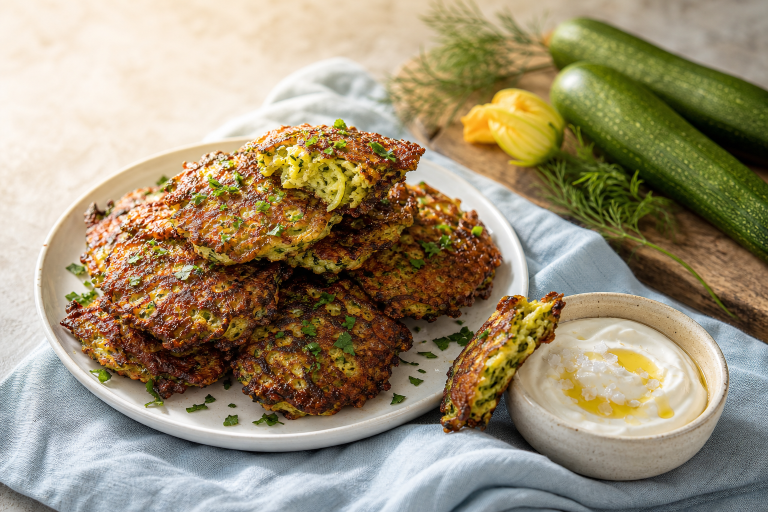 Galettes de courgettes dorées et croustillantes servies avec une sauce blanche et du persil frais