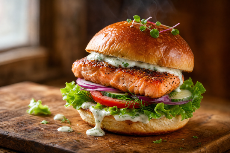 Hamburger au saumon grillé avec sauce à l'aneth, concombre et tomate, servi sur une planche en bois