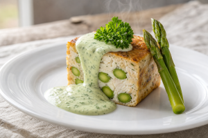 Tranche de pain de poisson aux asperges avec sauce crémeuse sur assiette blanche