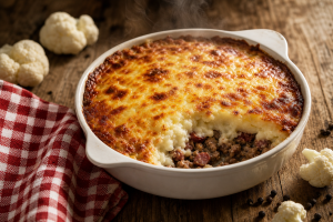 Parmentier de chou-fleur charcutier dans un plat à gratin, surface dorée et fromagère, posé sur une table en bois.