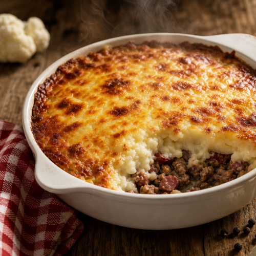 Parmentier de chou-fleur charcutier dans un plat à gratin, surface dorée et fromagère, posé sur une table en bois.