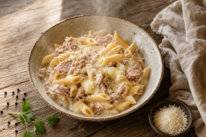 Bol de pâtes crémeuses au thon et à la vache qui rit, sur une table en bois avec une fourchette à côté