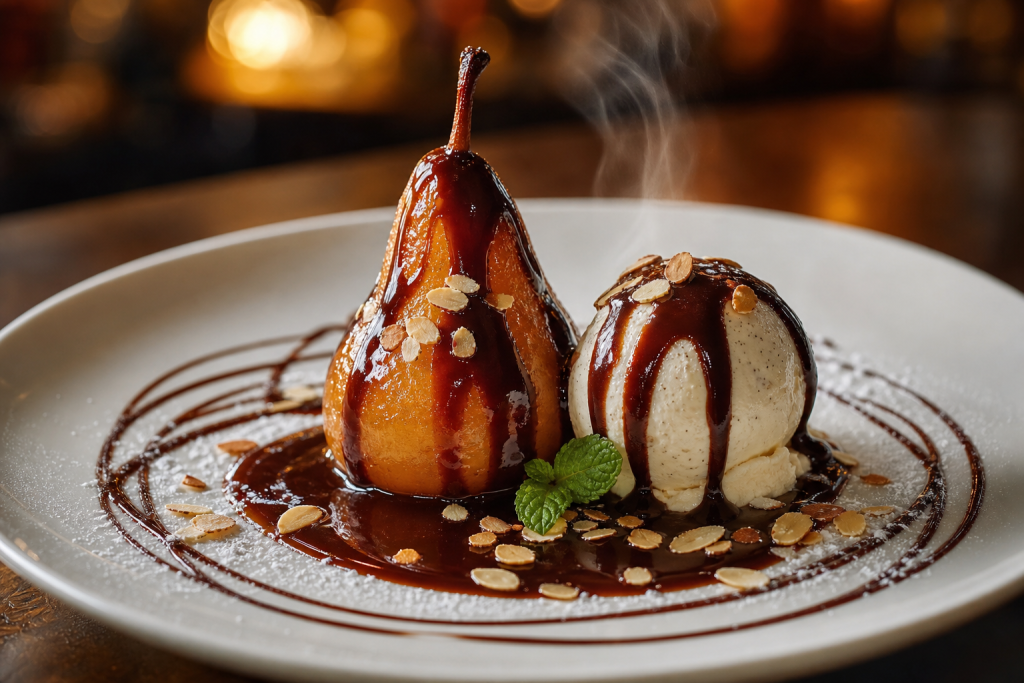 Poire pochée, glace vanille et sauce chocolat chaude dans une assiette blanche, dessert Belle-Hélène