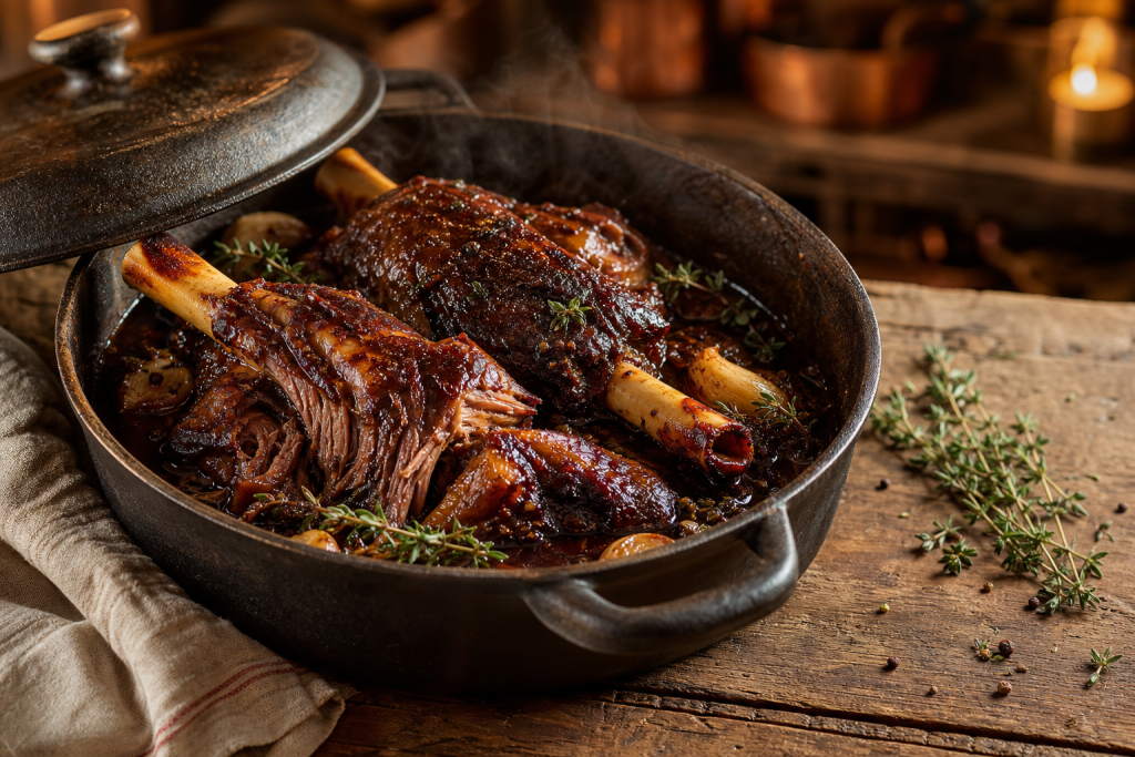 Souris d'agneau confites au Porto, viande fondante nappée de sauce brune, dans une cocotte en fonte, avec thym et ail