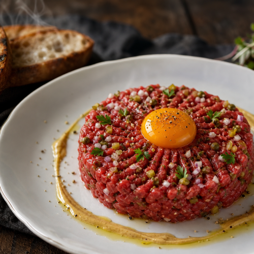 Steak tartare de bœuf haché au couteau, dressé avec un jaune d'œuf au centre, câpres et échalotes