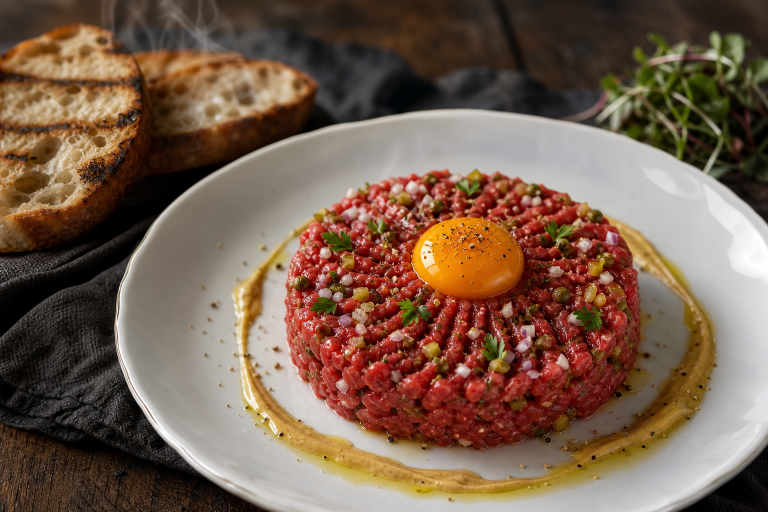 Steak tartare de bœuf haché au couteau, dressé avec un jaune d'œuf au centre, câpres et échalotes