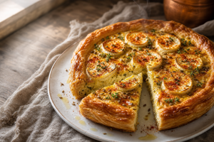 Tarte au chèvre et épices légère, dorée et garnie de rondelles de chèvre, posée sur une table en bois