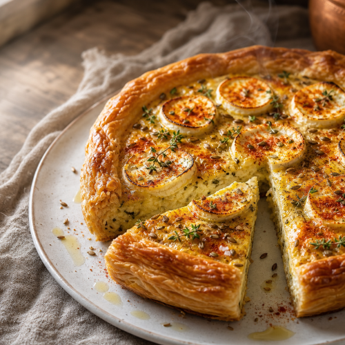 Tarte au chèvre et épices légère, dorée et garnie de rondelles de chèvre, posée sur une table en bois