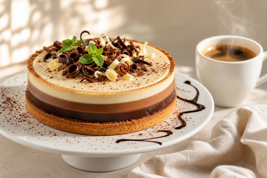 Tarte aux trois chocolats avec couches de ganache noir, lait et blanc, décorée de copeaux de chocolat, sur une assiette en