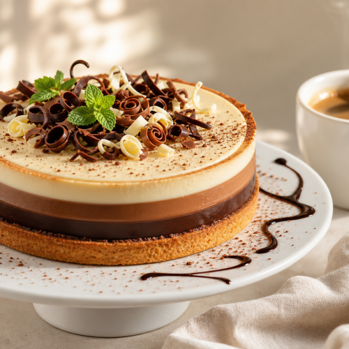 Tarte aux trois chocolats avec couches de ganache noir, lait et blanc, décorée de copeaux de chocolat, sur une assiette en