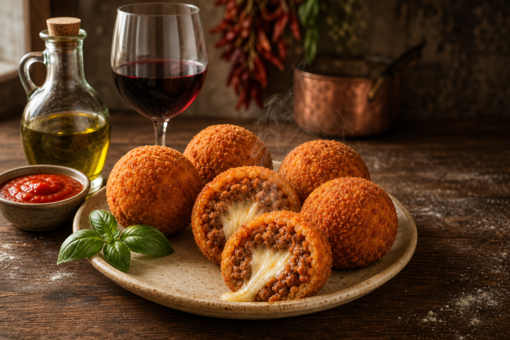 Assiette d'arancini à la viande dorés et croustillants, l'un coupé en deux montrant la sauce et le fromage fondant