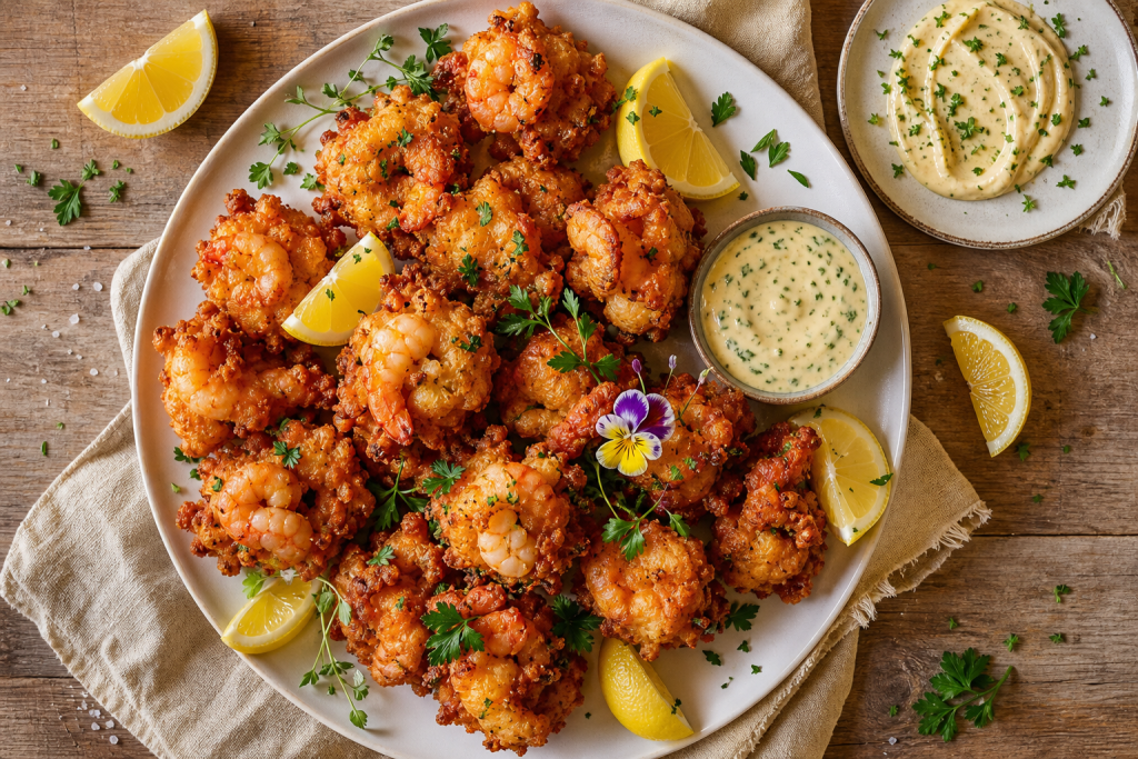 Assiette de beignets de crevettes croustillants et dorés, avec quartiers de citron et sauce, sur une table en bois.