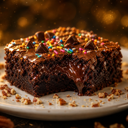 Brownies elfiques coupés en carrés, fondants au chocolat, décorés de vermicelles colorés et de pépites, sur une assiette