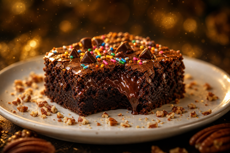 Brownies elfiques coupés en carrés, fondants au chocolat, décorés de vermicelles colorés et de pépites, sur une assiette