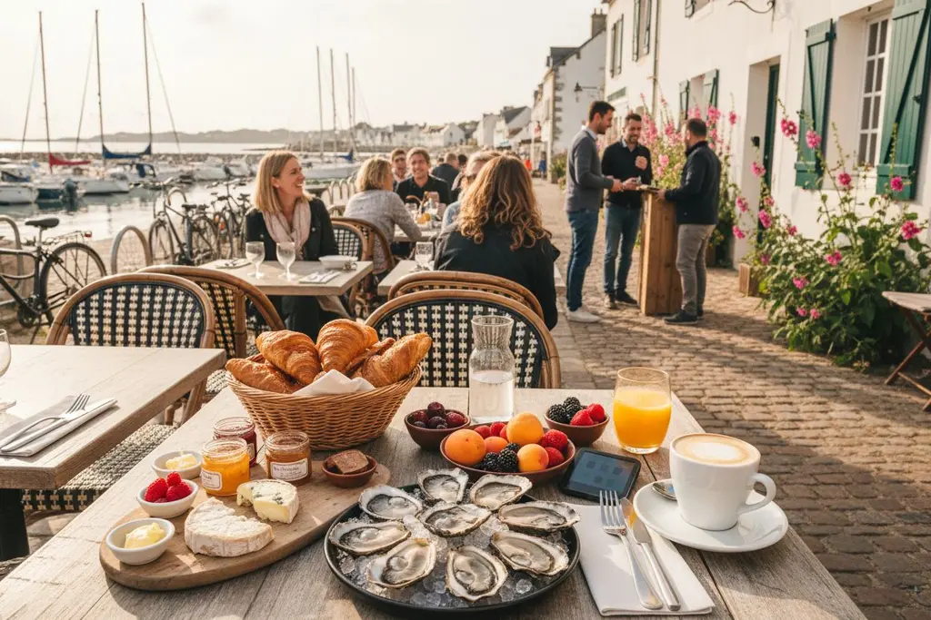 Brunch à l'île de Ré sur le bord de mer, petit déjeuner à la française.
