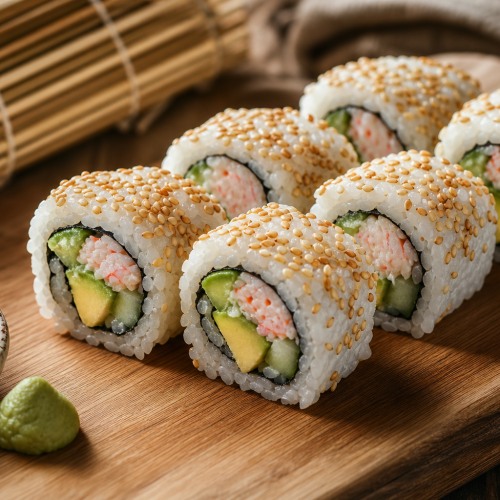 California rolls maison coupés en tronçons, riz à l'extérieur, garnis de crabe, avocat et concombre, parsemés de sésame