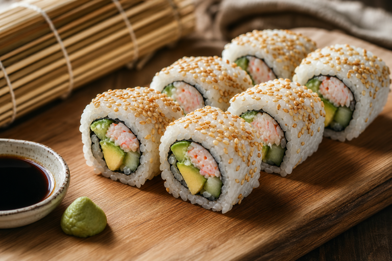 California rolls maison coupés en tronçons, riz à l'extérieur, garnis de crabe, avocat et concombre, parsemés de sésame