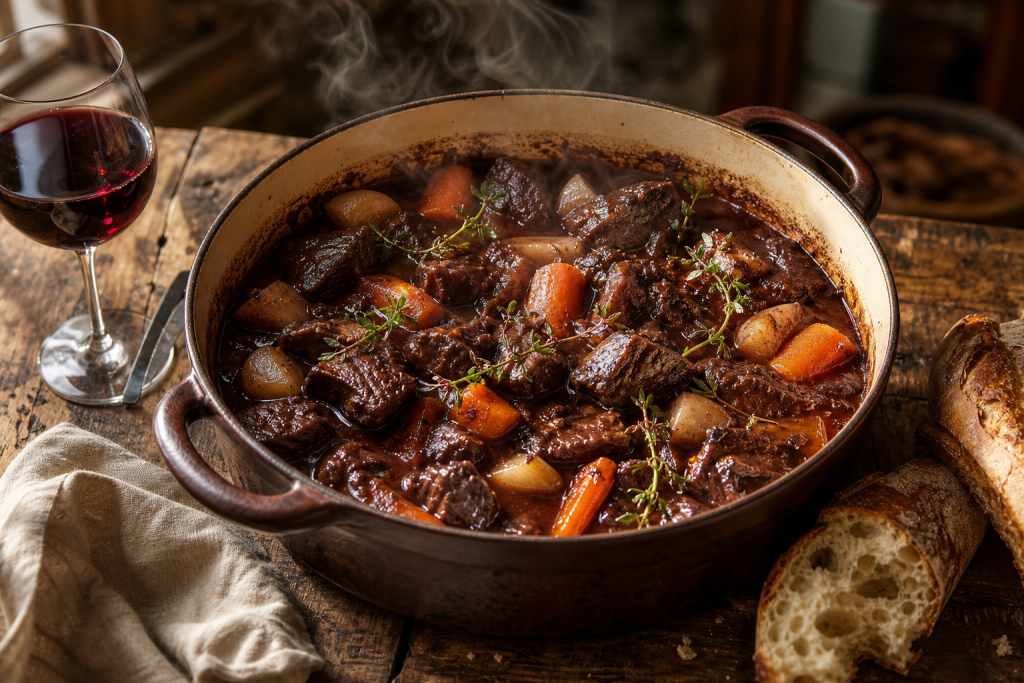 Ragoût de cœur de bœuf mijoté dans une cocotte en fonte avec carottes, navets et sauce au vin rouge