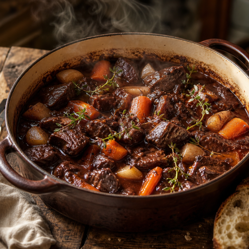 Ragoût de cœur de bœuf mijoté dans une cocotte en fonte avec carottes, navets et sauce au vin rouge