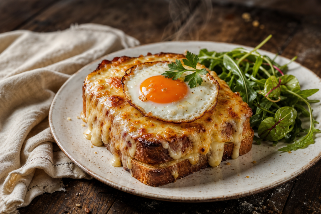 Croque madame doré avec fromage gratiné et œuf au plat sur une assiette