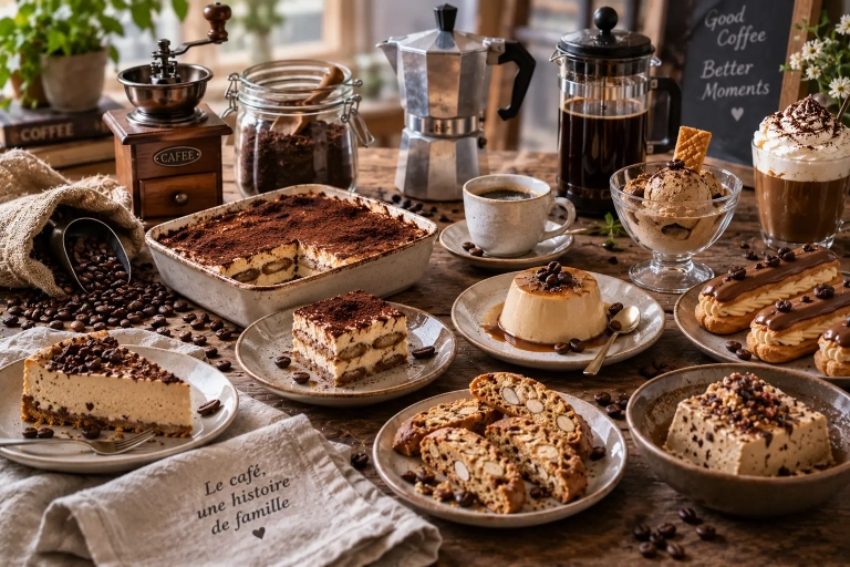 Table familiale avec café moulu, moka, French Press, tiramisu, panna cotta, éclairs au café et biscotti.