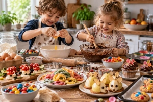 Deux jeunes enfants cuisinent ensemble dans une cuisine familiale en préparant un gâteau et des recettes ludiques.