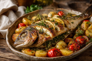 Daurade entière farcie aux herbes fraîches et citron, dorée au four, servie dans un plat avec pommes de terre