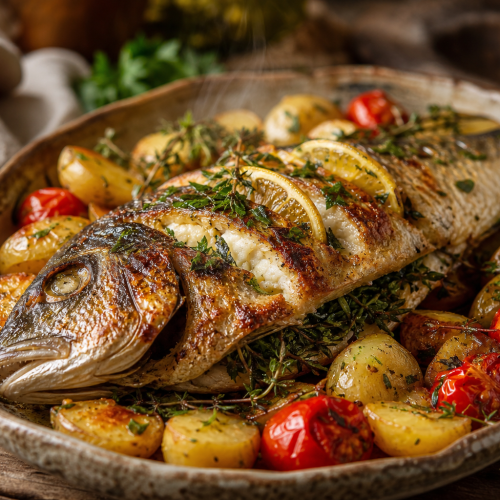 Daurade entière farcie aux herbes fraîches et citron, dorée au four, servie dans un plat avec pommes de terre