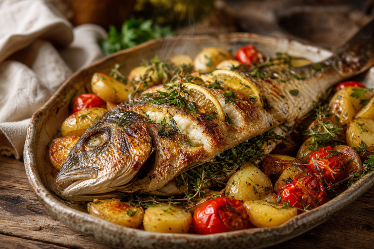 Daurade entière farcie aux herbes fraîches et citron, dorée au four, servie dans un plat avec pommes de terre