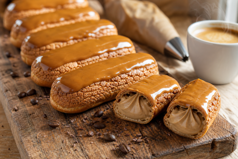 Éclairs au café dorés avec glaçage brillant, disposés sur une planche en bois, l'un coupé montrant la crème pâtissière au